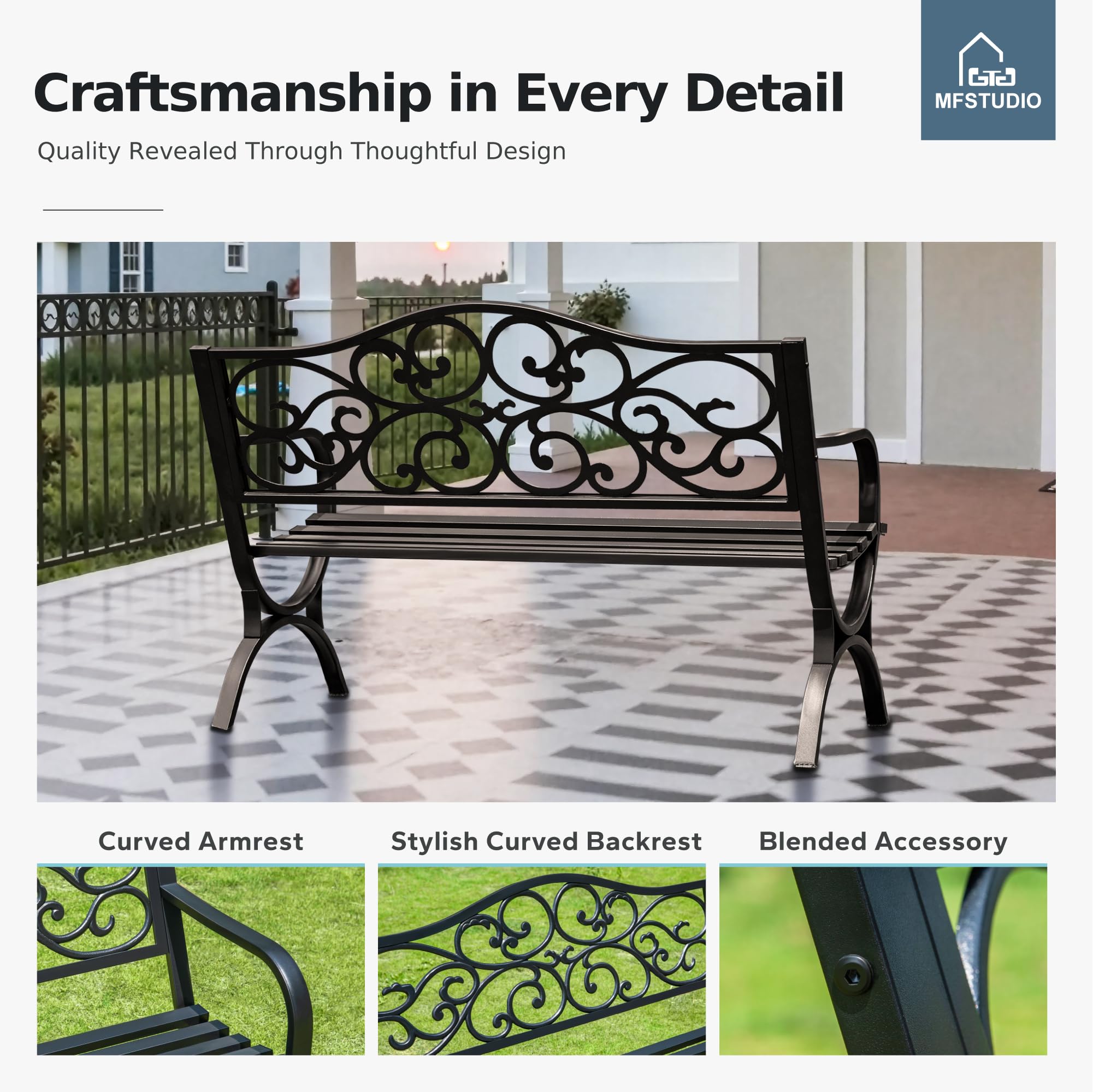 MFSTUDIO wide seat invites conversation-friendly seating on patio or lawn