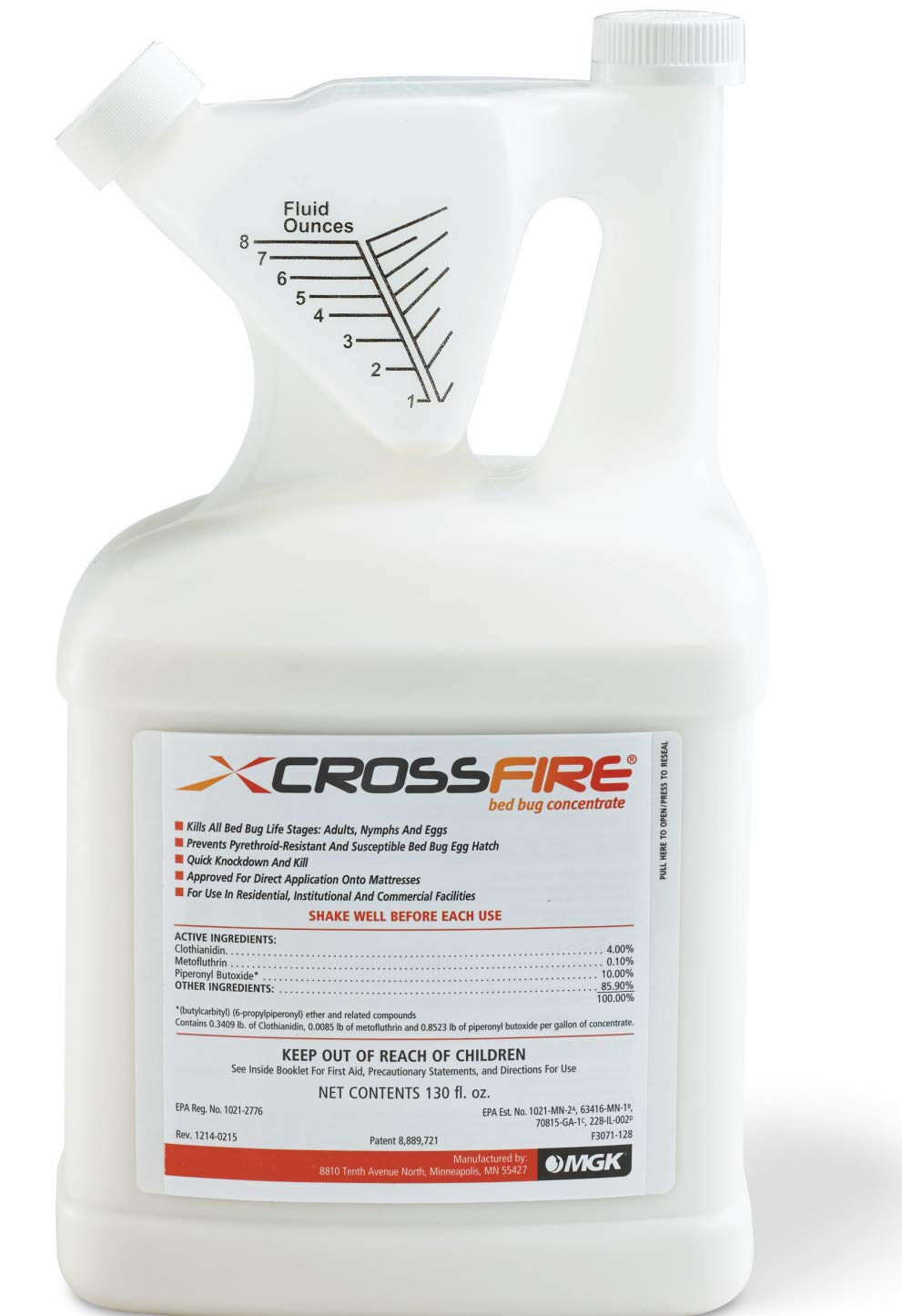 MGK Crossfire Bed Bug Concentrate bottle, 130 oz, for large-area pest control.