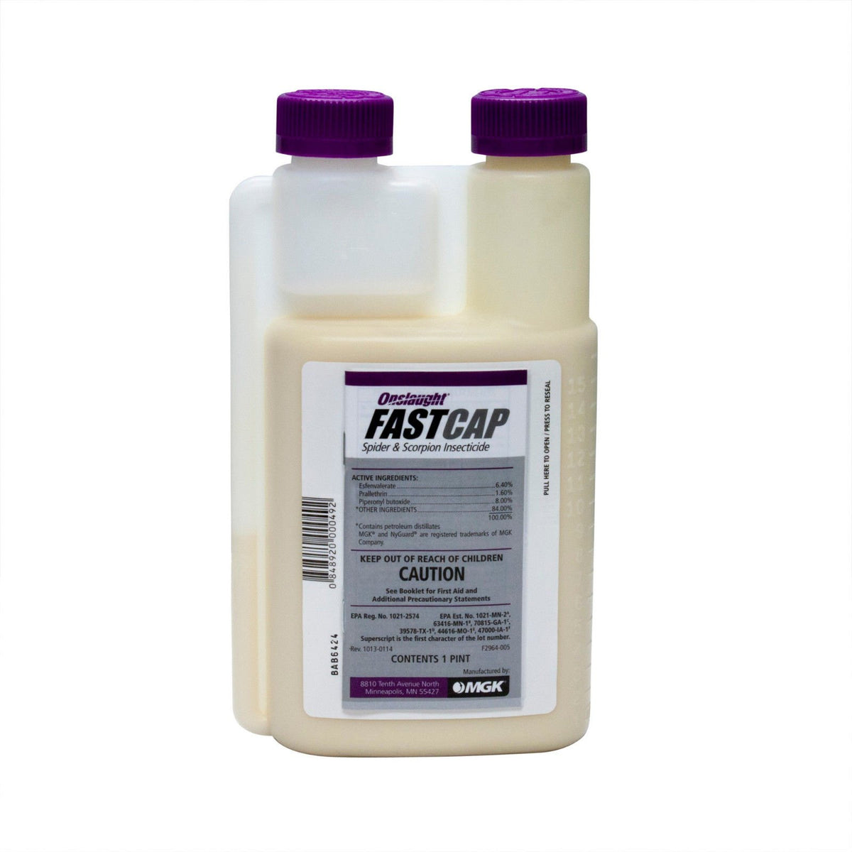 MGK Onslaught FastCap bottle pour showing long-lasting residual pest control for homes and farms.