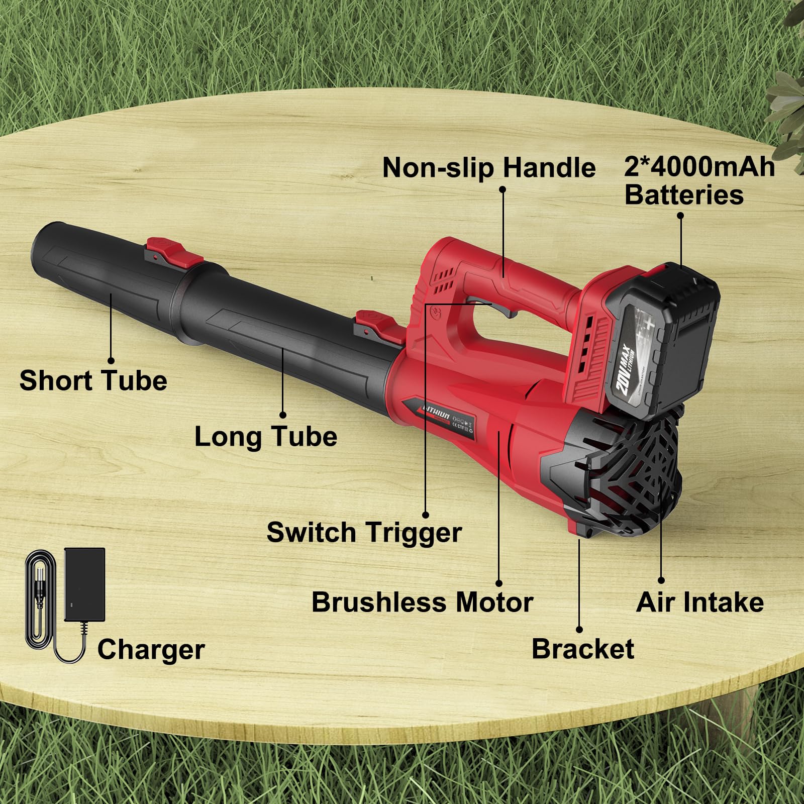 MGYM cordless blower in action on driveway clearing leaves.