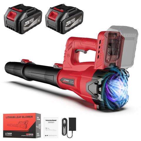 MGYM cordless leaf blower red front view showing compact ergonomic design.