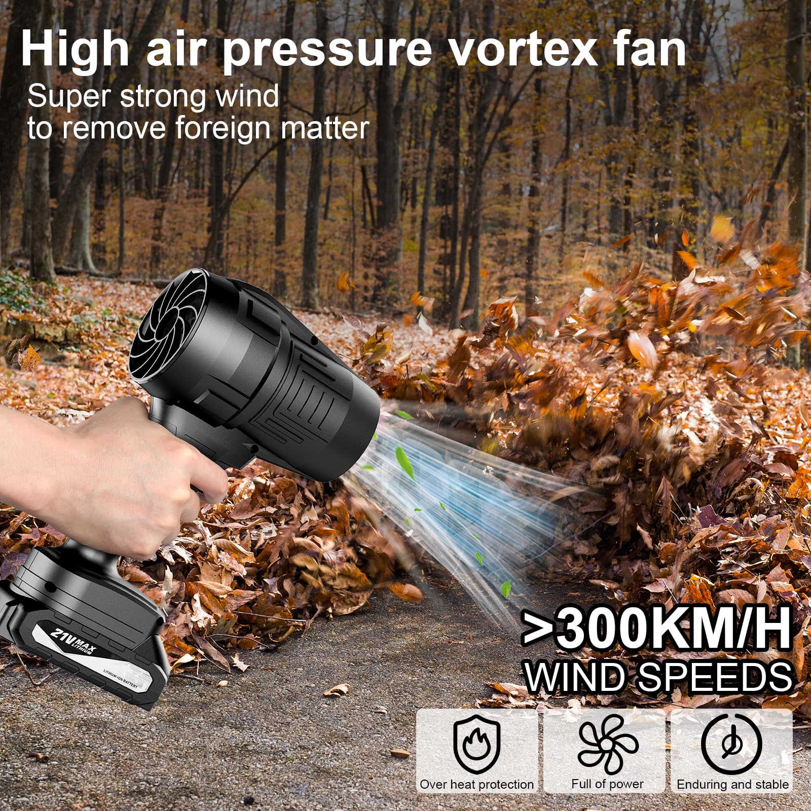 MGYM cordless blower demonstrates 300KMH wind power in action.