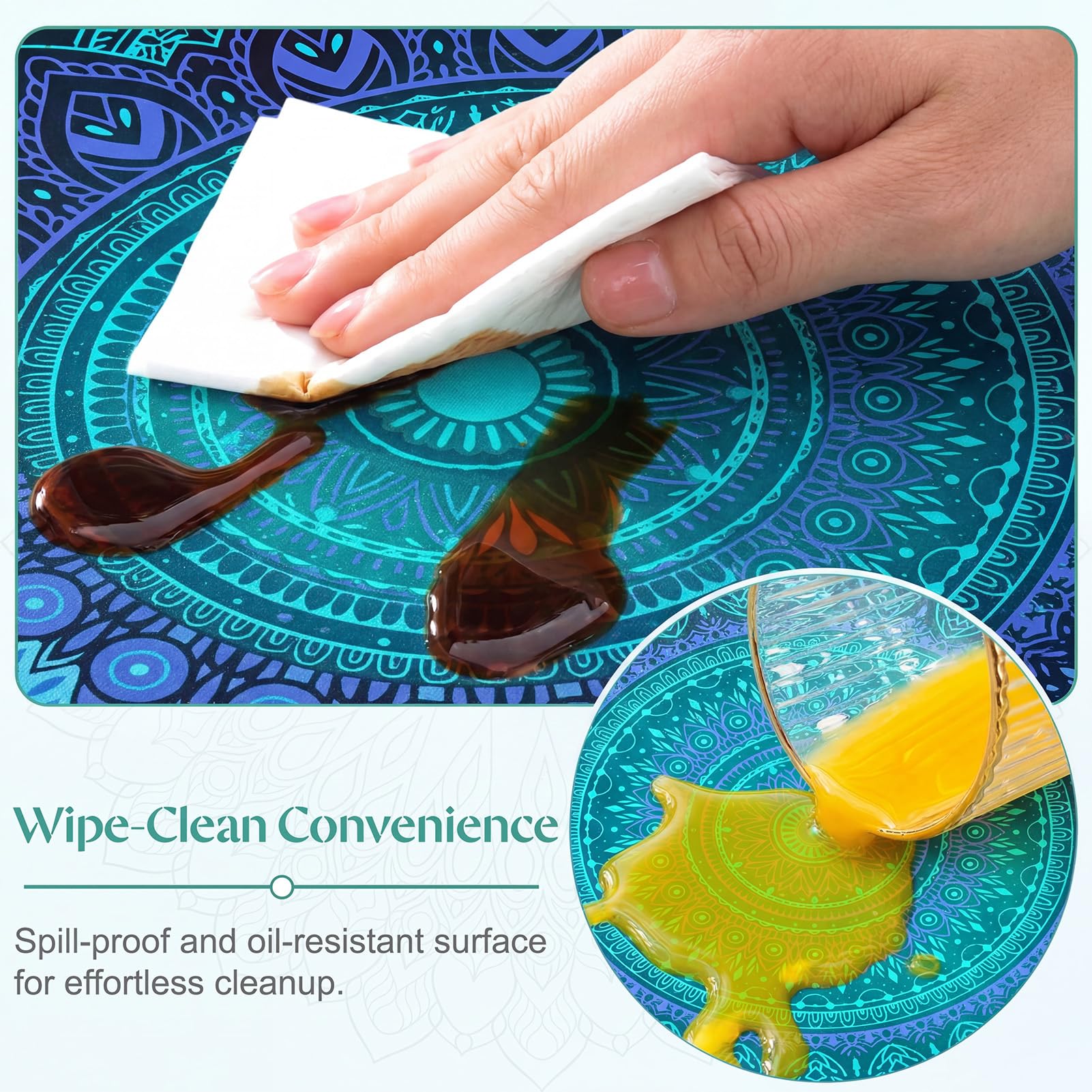 Bright patterns on MHJY round tablecloth enhance ambiance and clean easily.