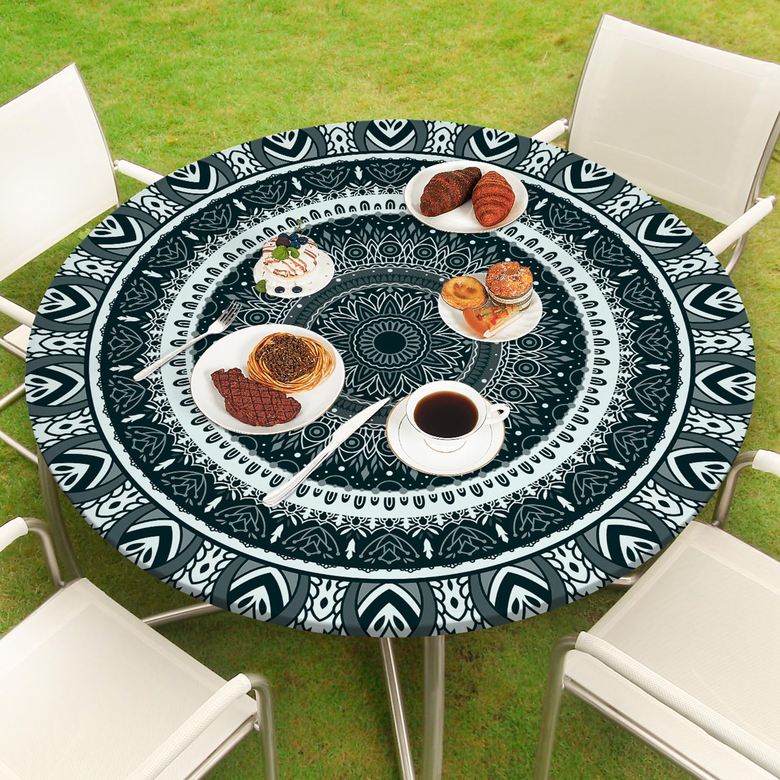 MHJY round tablecloth with elastic edge provides secure fit for outdoor dining.