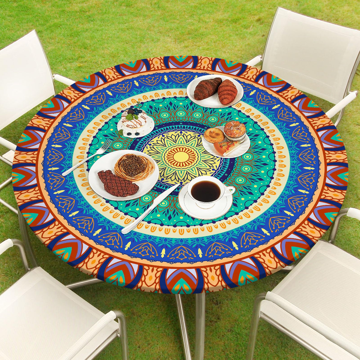 MHJY round tablecloth with elastic edge for a windproof, secure fit on outdoor tables.