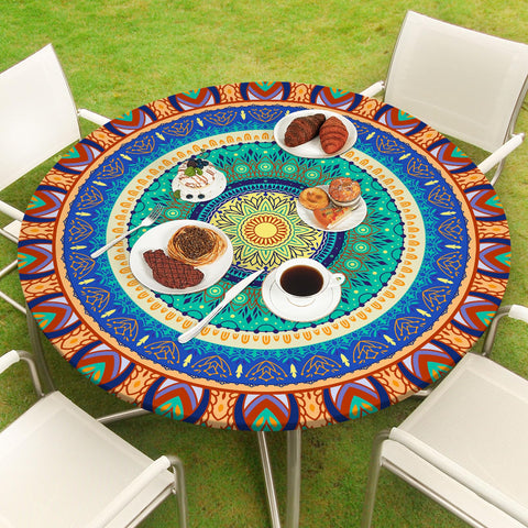 MHJY round tablecloth with elastic edge for a windproof, secure fit on outdoor tables.