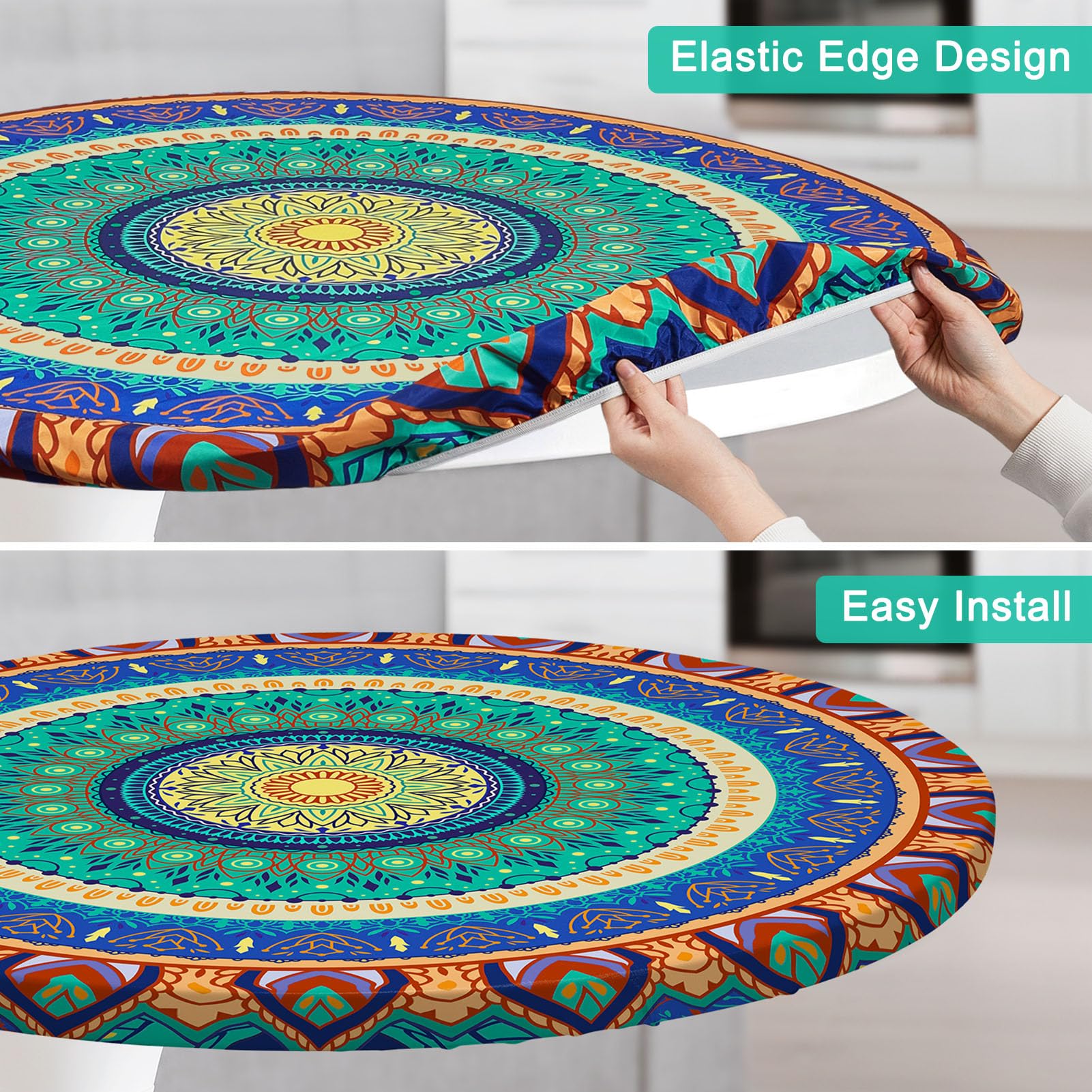 MHJY round tablecloth features an elegant pattern and bright colors for a refined setting.