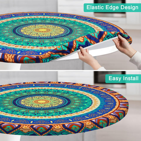 MHJY round tablecloth features an elegant pattern and bright colors for a refined setting.