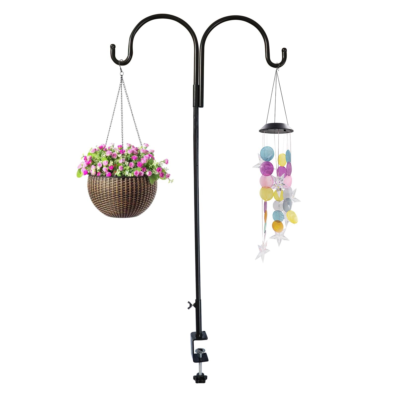 MHLLGN double shepherds hook over outdoor deck for bird feeders and lanterns.