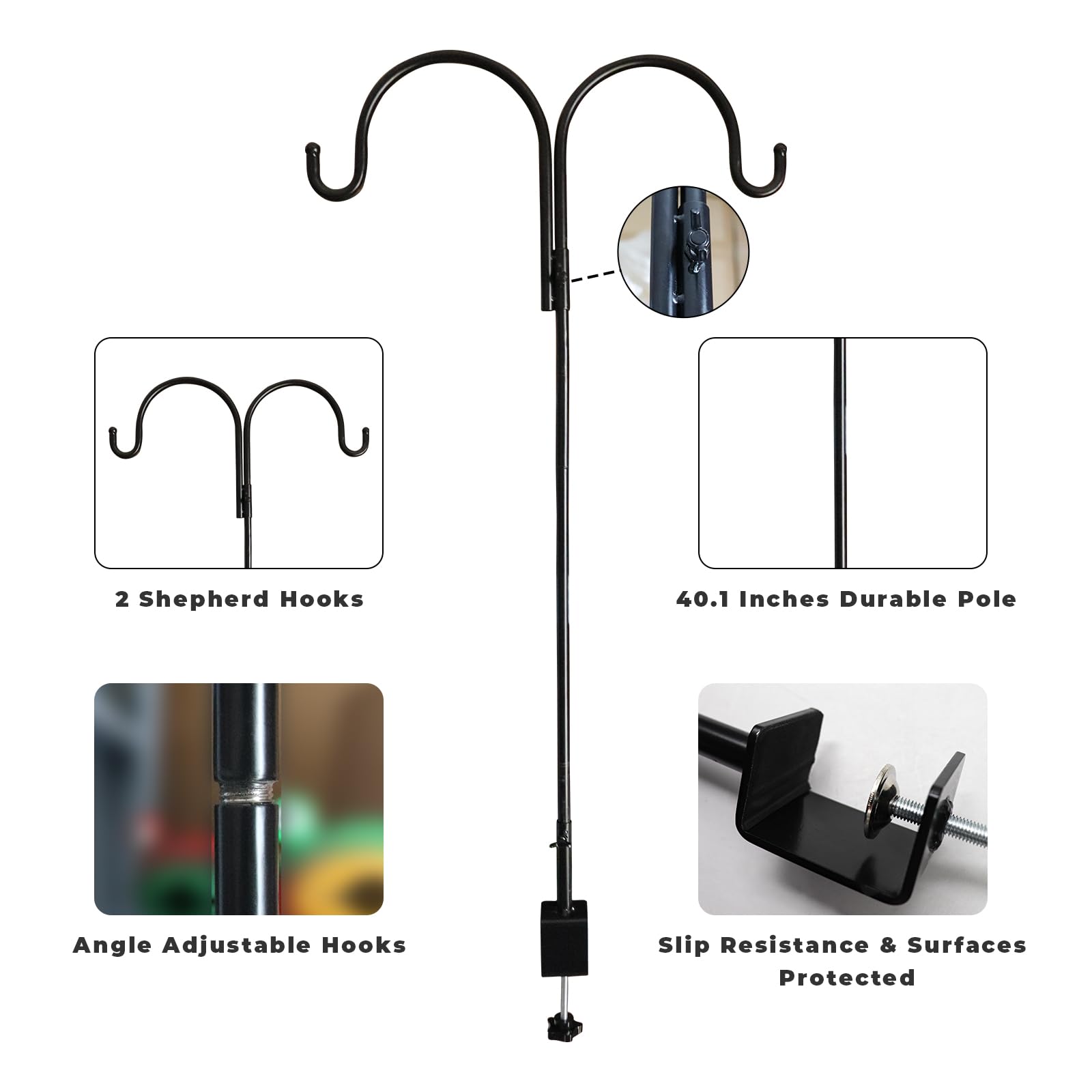 Height adjustable shepherds hook adapts to table, rail, or yard setups.