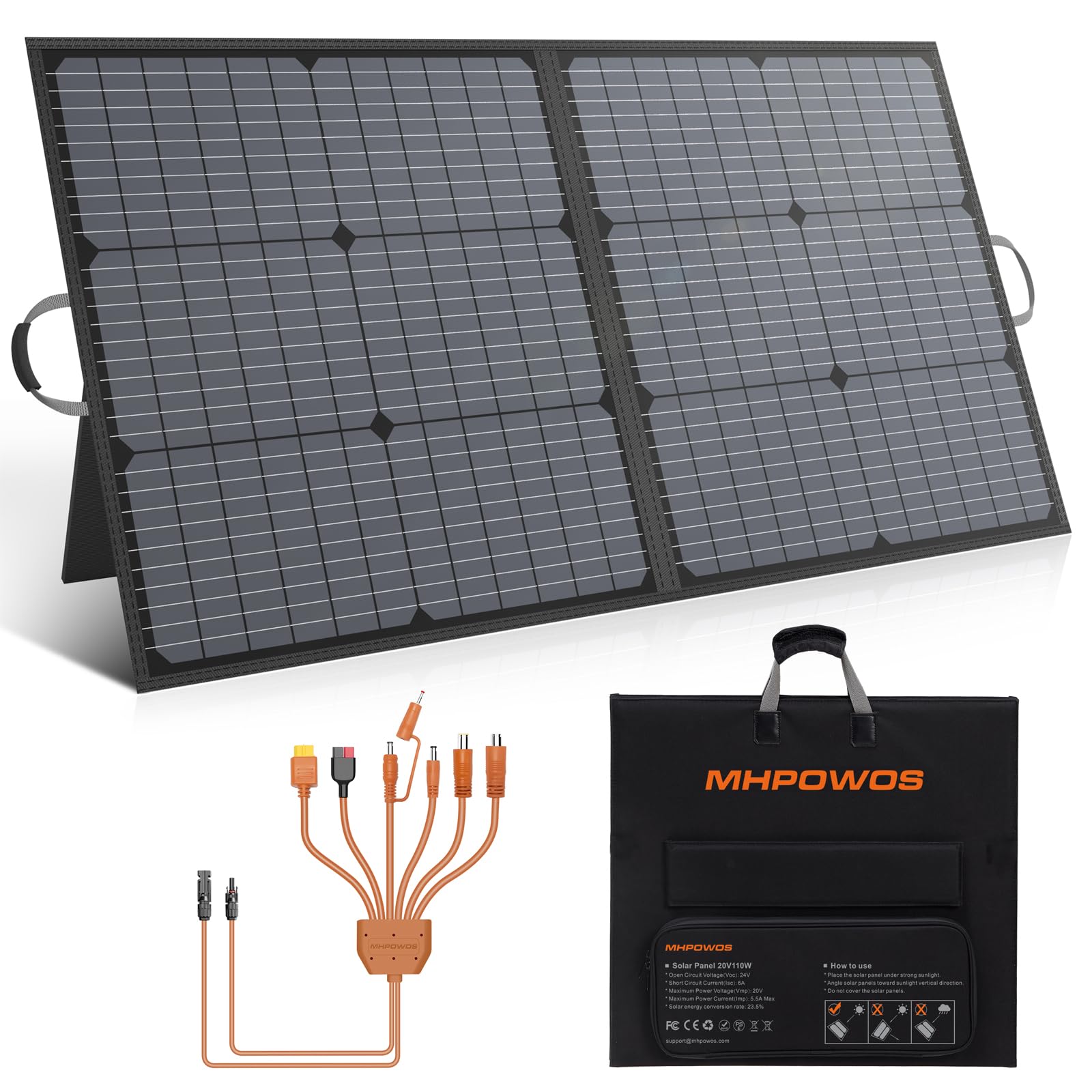 MHPOWOS 110W foldable solar panel folded for easy transport and quick setup.
