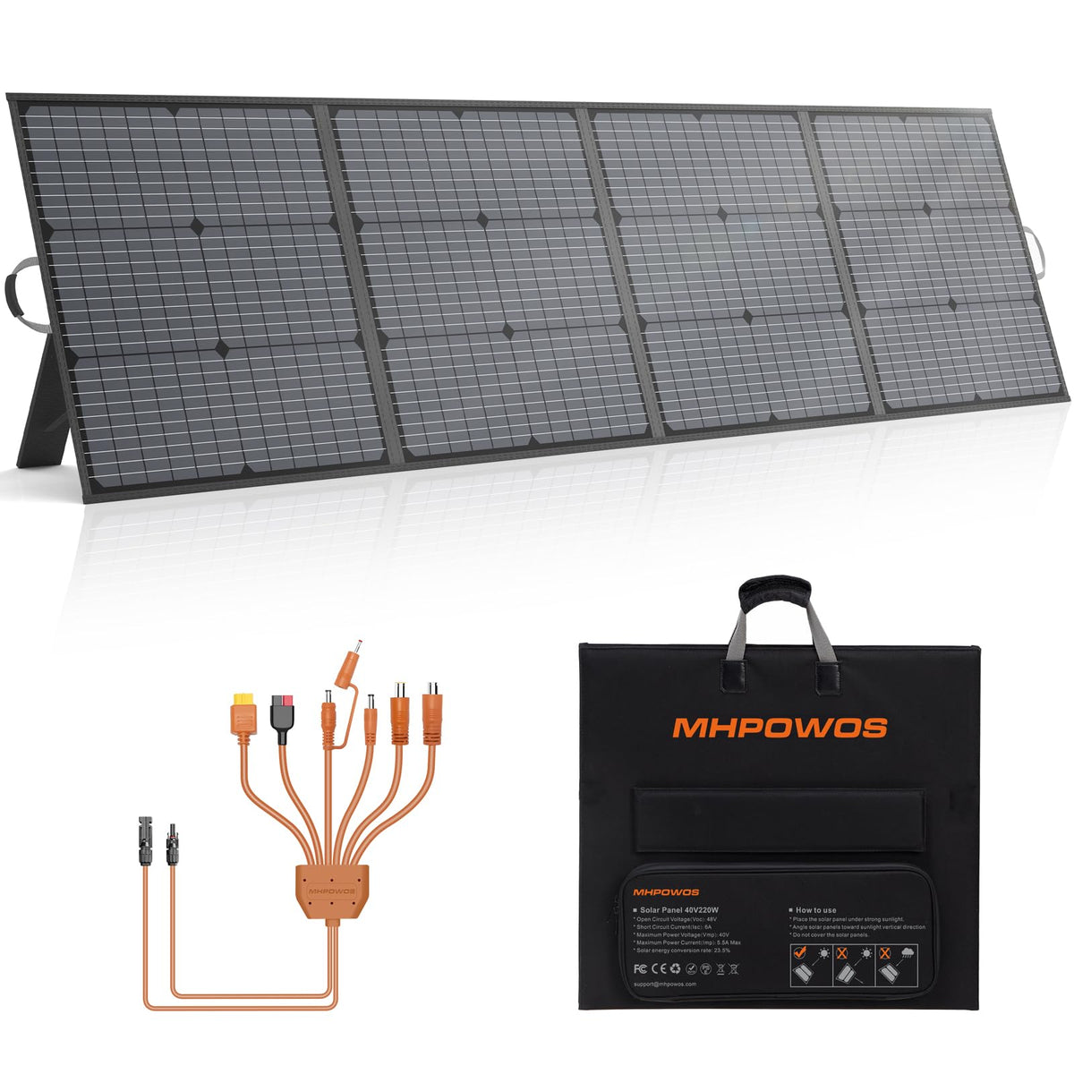 MHPOWOS 220W foldable panel folded for transport and storage.