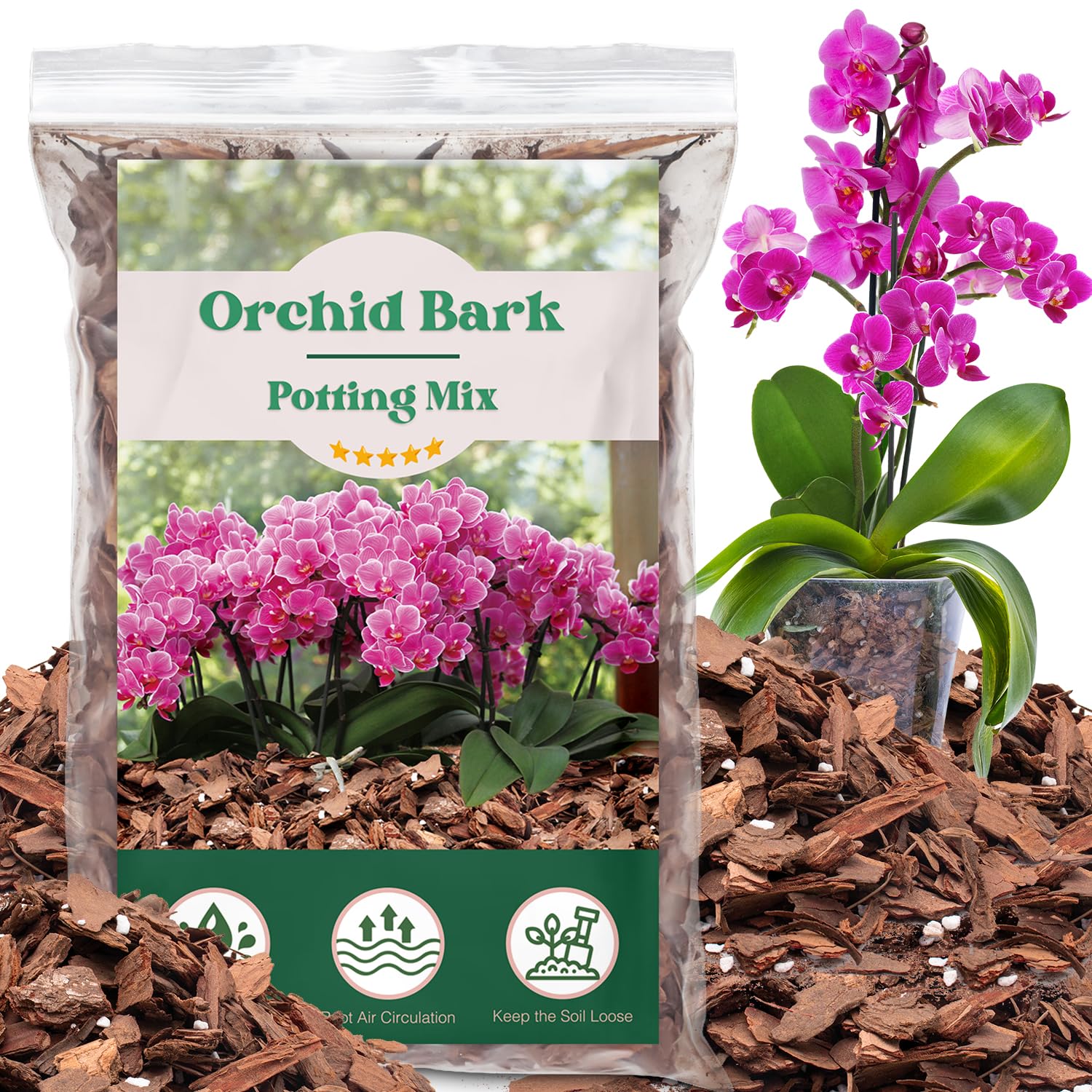 MIALEXO orchid bark potting mix closeup shows pine bark and perlite for drainage.
