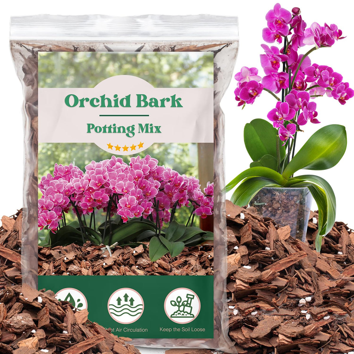 MIALEXO orchid bark potting mix closeup shows pine bark and perlite for drainage.