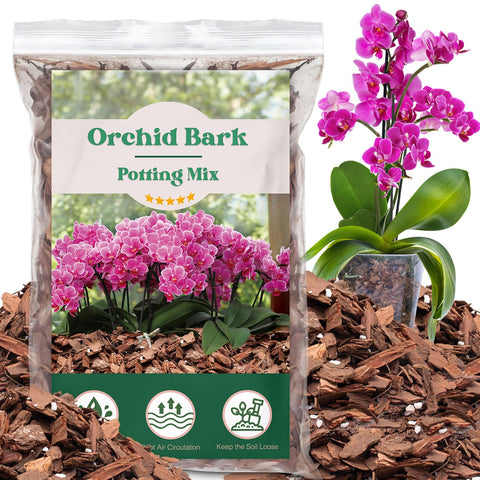 MIALEXO orchid bark potting mix closeup shows pine bark and perlite for drainage.