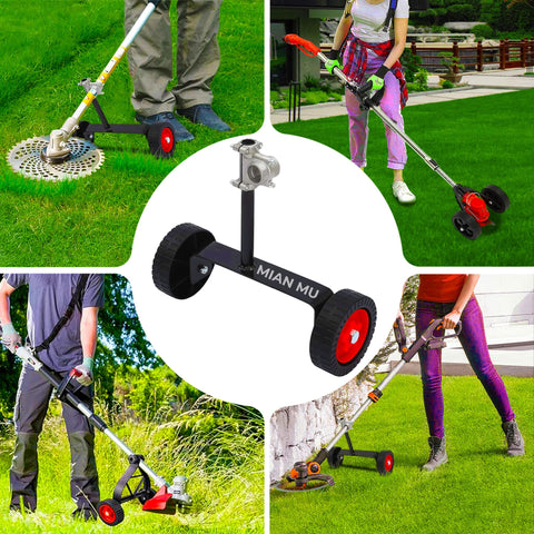 MIAN MU wheel attachment installed on a weed eater for effortless lawn care.