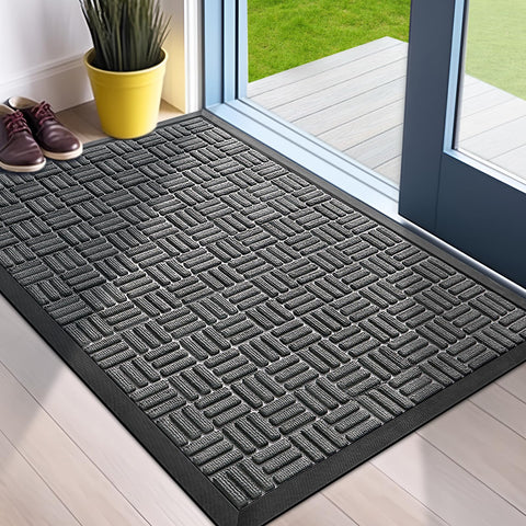 Mibao front door mat showing absorbent polypropylene fabric traps moisture.