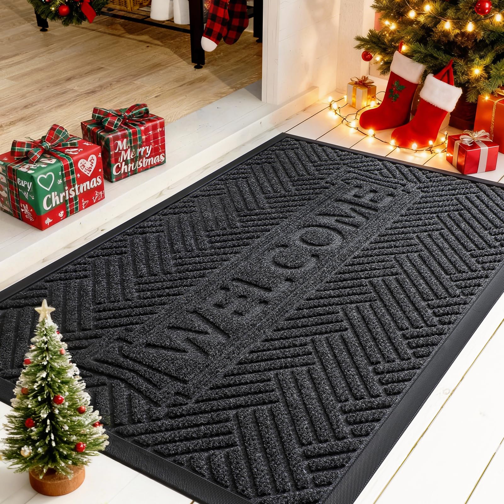 Mibao front door mat texture with deep grooves traps dirt and debris.