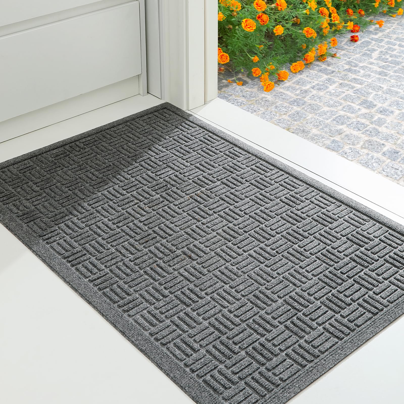Mibao grey welcome mat resists dirt and fading