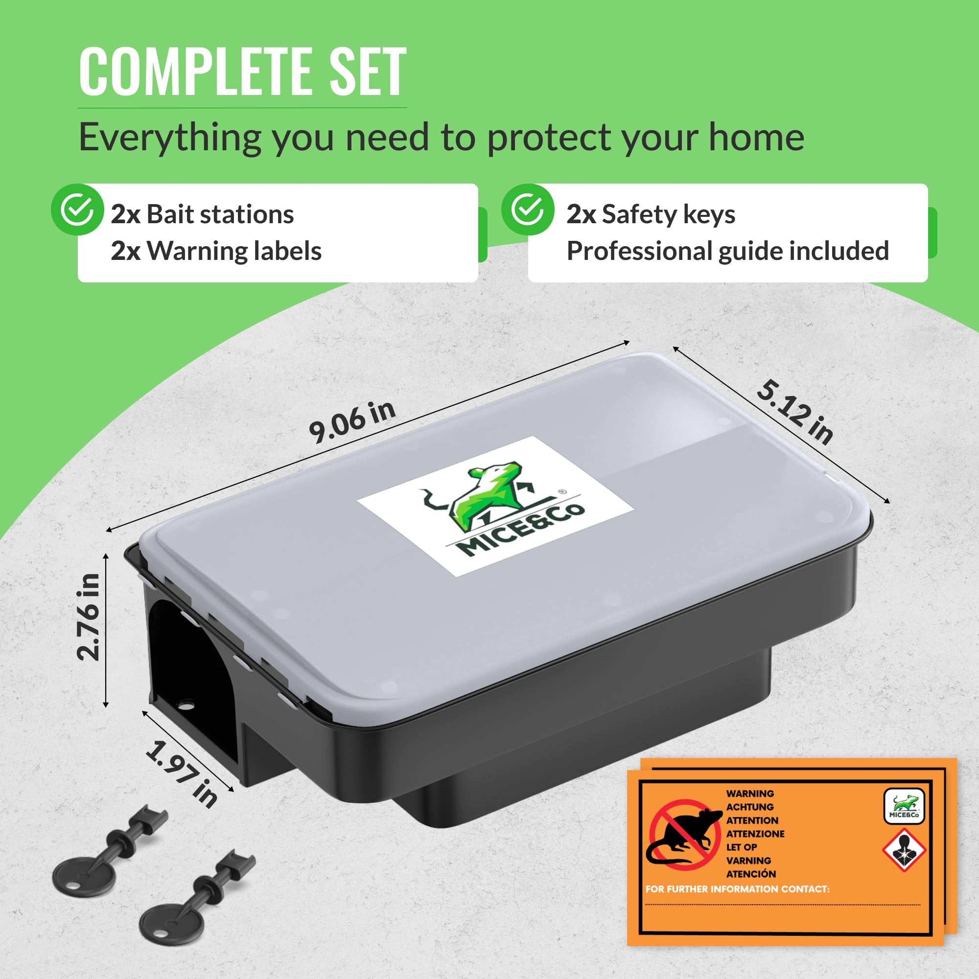 Mice&Co includes keys, warning stickers, and a practical maintenance guide.