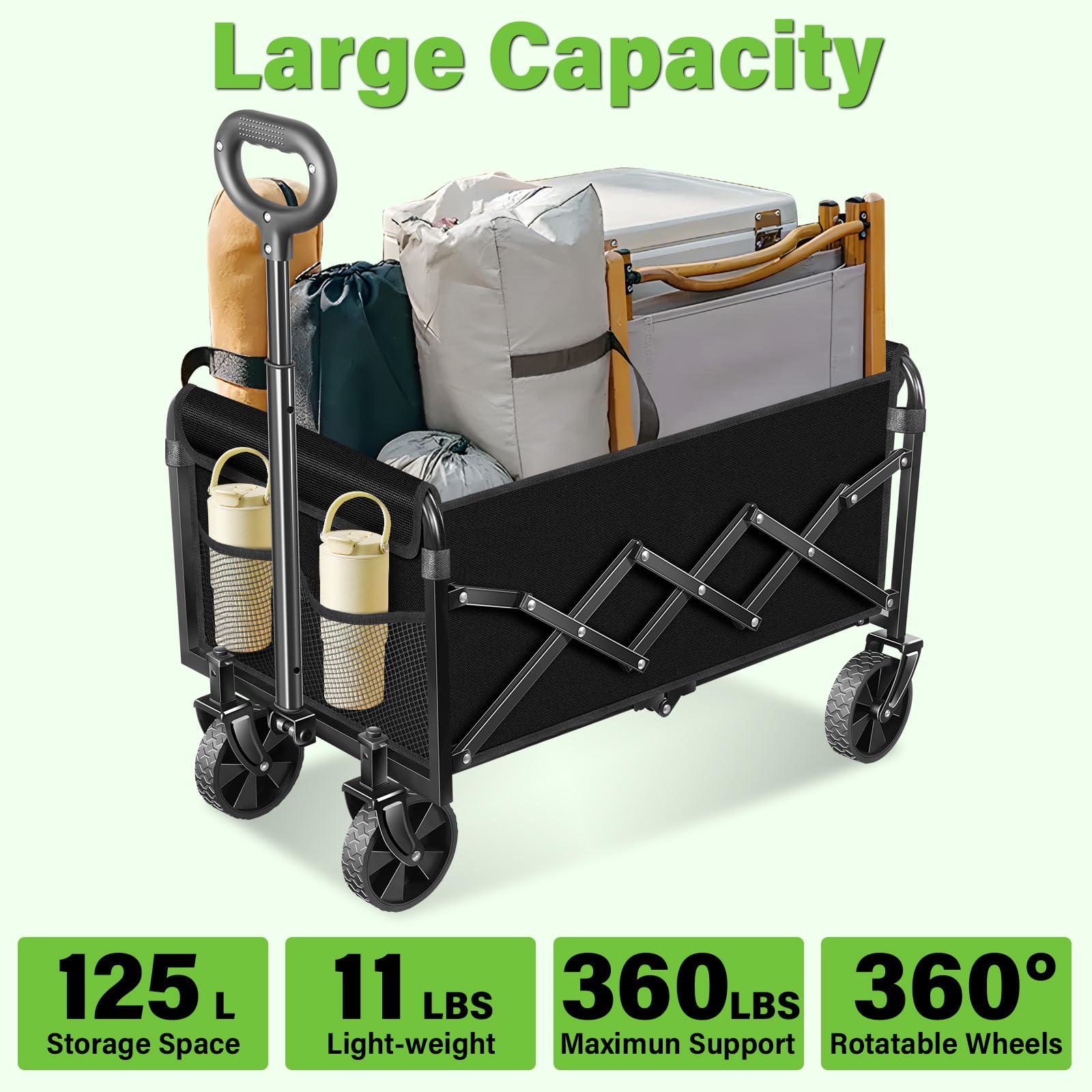 Close-up of collapsible design for quick storage after camping or shopping.
