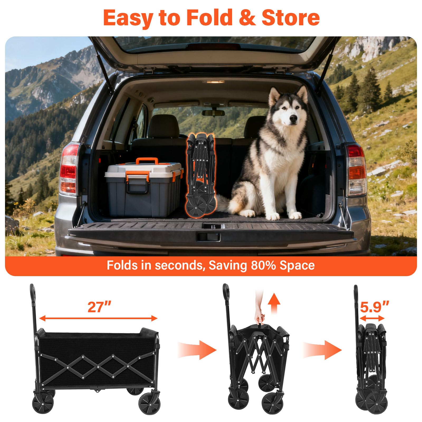 Micieitie wagon with adjustable handle, comfortable pull on all surfaces.