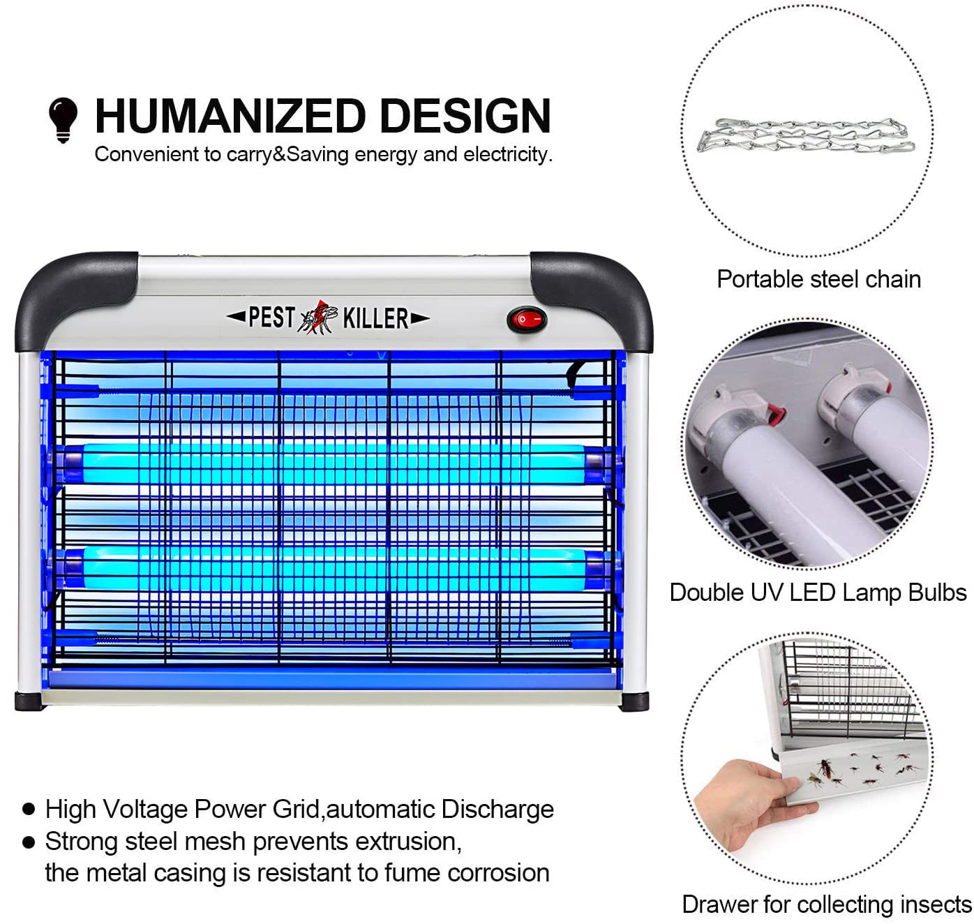 Dual ultraviolet bulbs boost attraction across larger spaces for better indoor pest control.