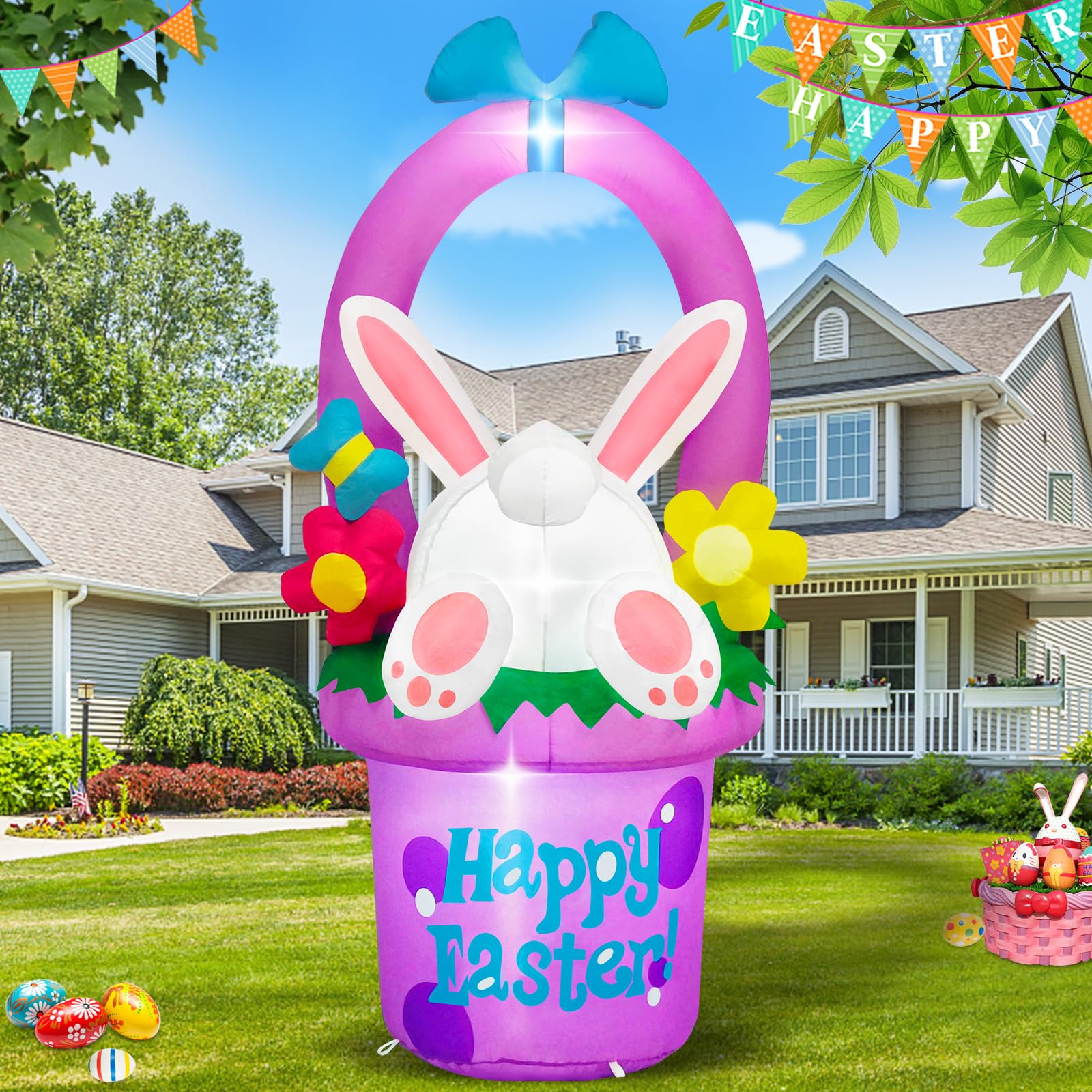 MICOCAH 6 ft Easter inflatables bunny hidden in a flower basket for outdoor charm