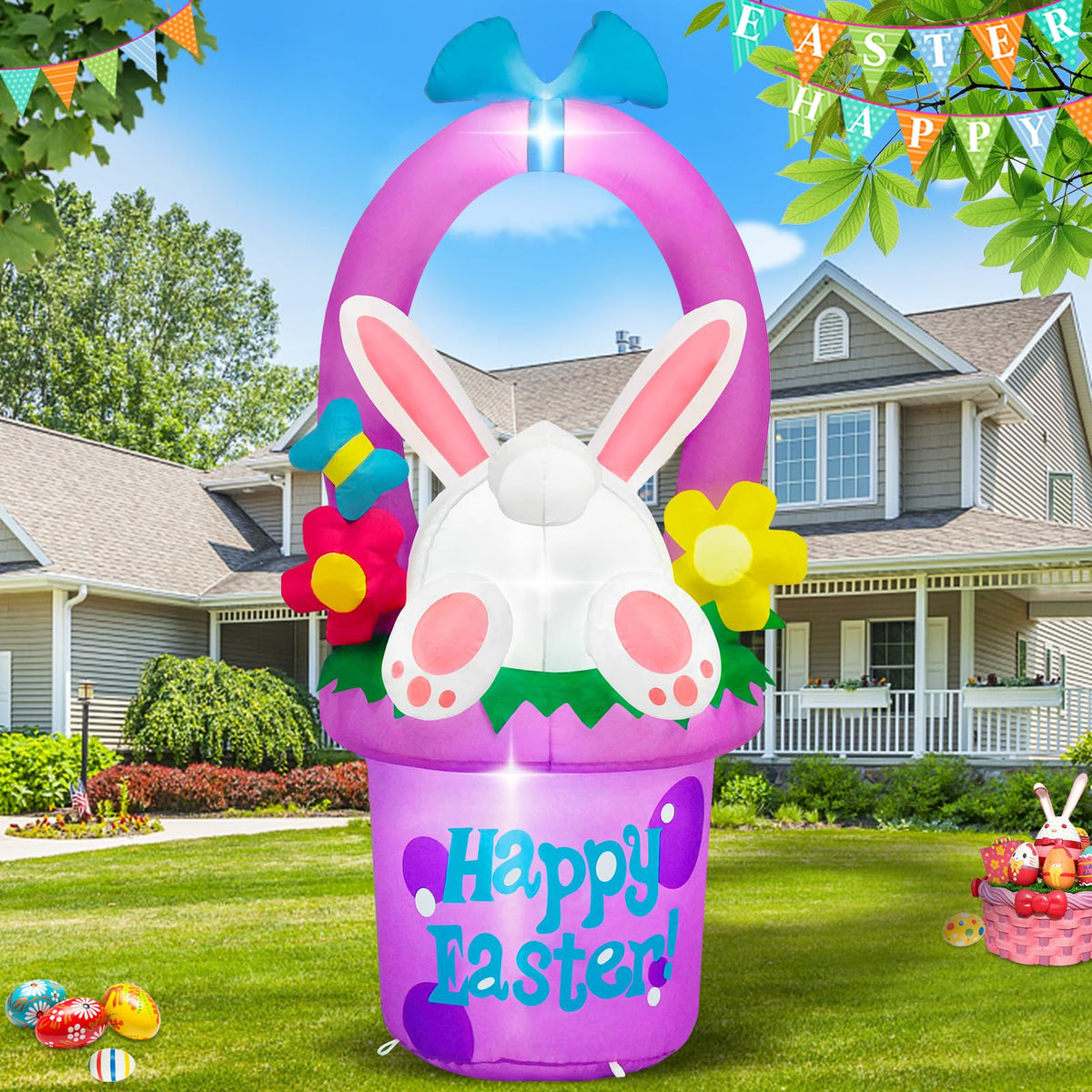 MICOCAH 6 ft Easter inflatables bunny hidden in a flower basket for outdoor charm