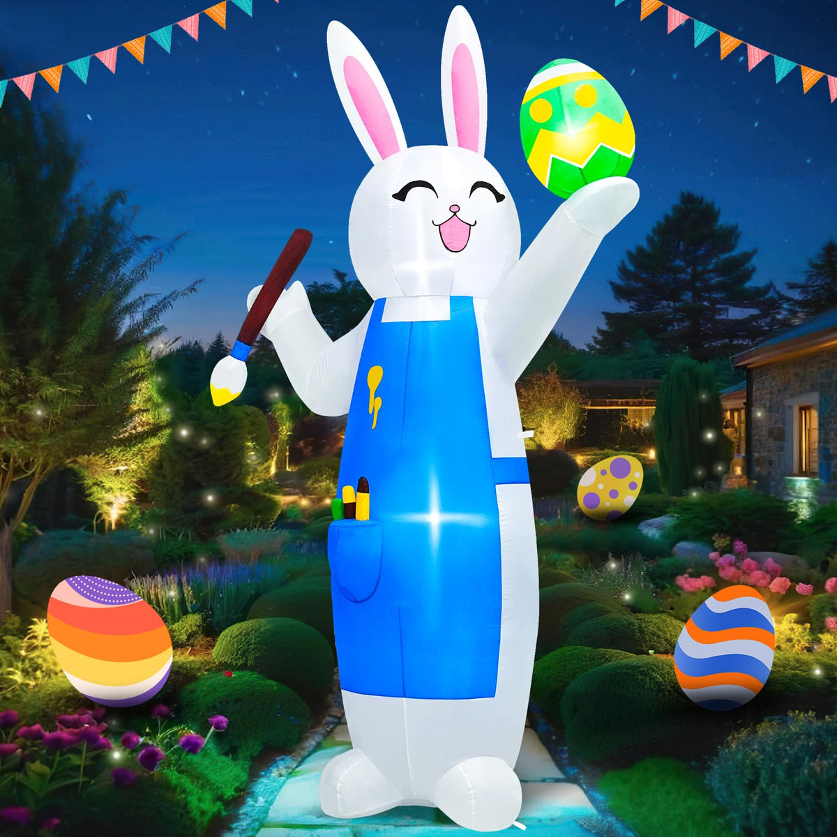 MICOCAH Easter bunny inflatable with built-in LED lights brightens the outdoor yard at night.