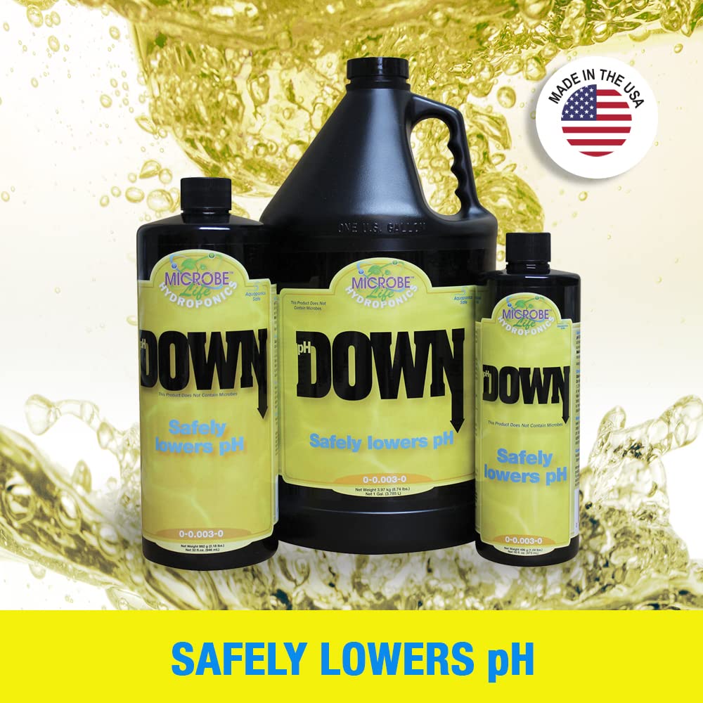 Microbe Life Hydroponics pH Down nutrient solution image shows safe pH lowering for plants.