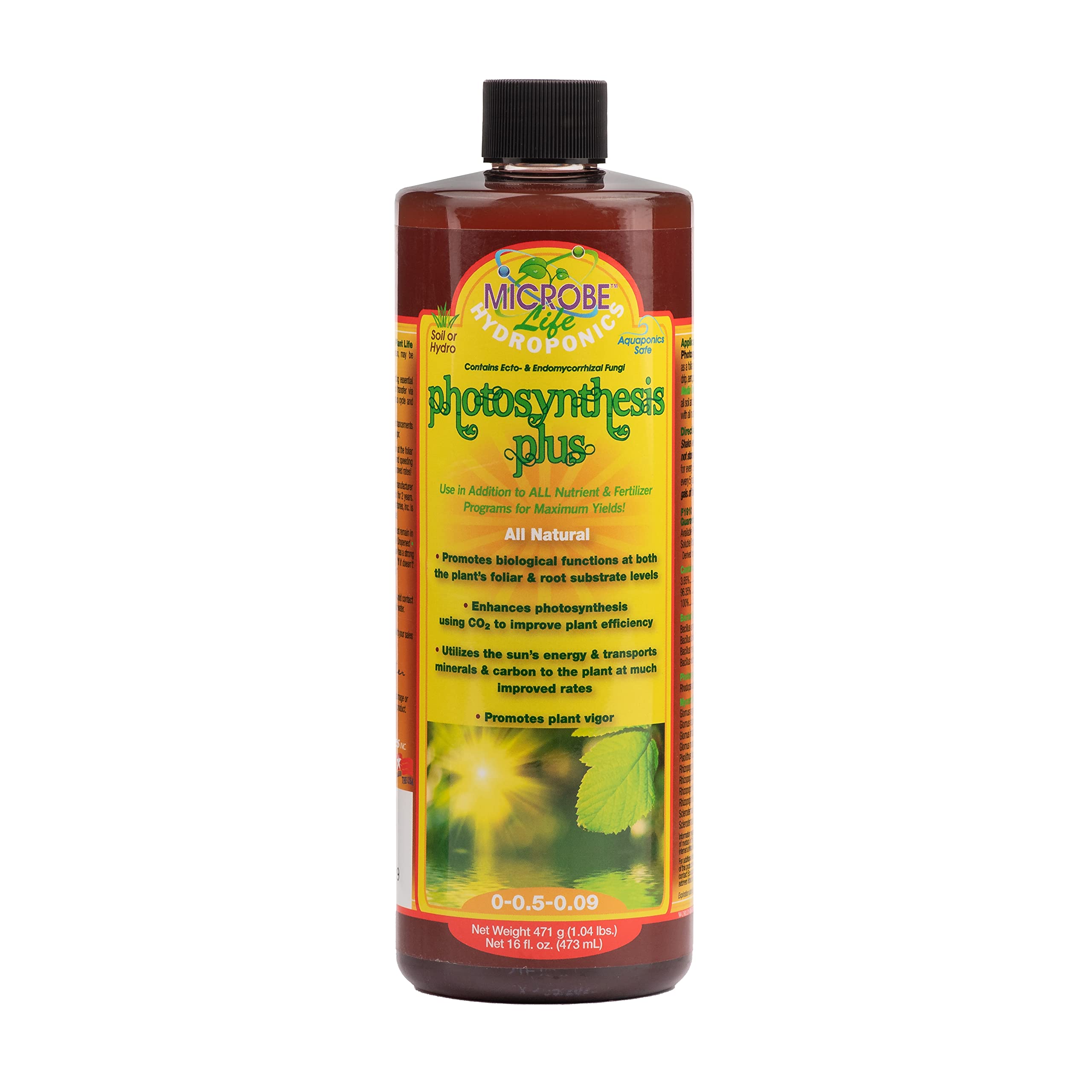 Microbe Life Photosynthesis Plus bottle boosts nutrient efficiency in hydroponics.