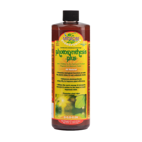 Microbe Life Photosynthesis Plus bottle boosts nutrient efficiency in hydroponics.