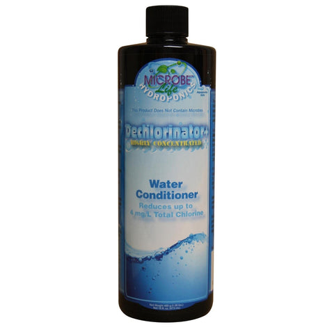 Microbe Life Hydroponics Premium Dechlorinator bottle pour demonstrates instant water treatment for hydroponics.