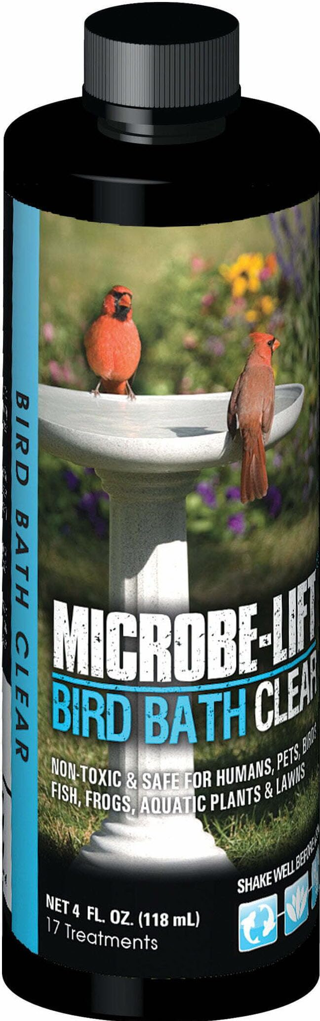 Microbe-Lift Bird Bath Clear bottle, showing easy weekly maintenance for cleaner water