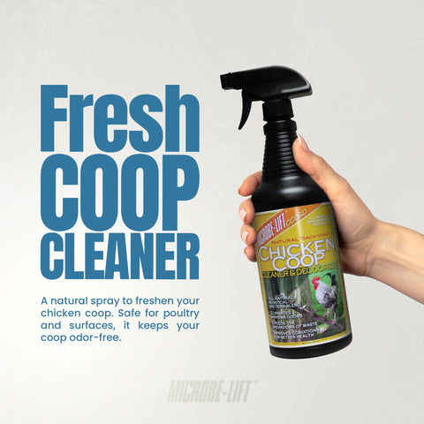 Microbe-Lift Chicken Coop Deodorizer spray-inside coop neutralizes smells between cleanings.