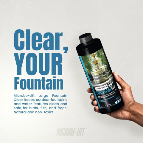 Microbe-LIFT Large Fountain Clear label close-up highlighting bio-enzymatic cleaning for outdoor water features.