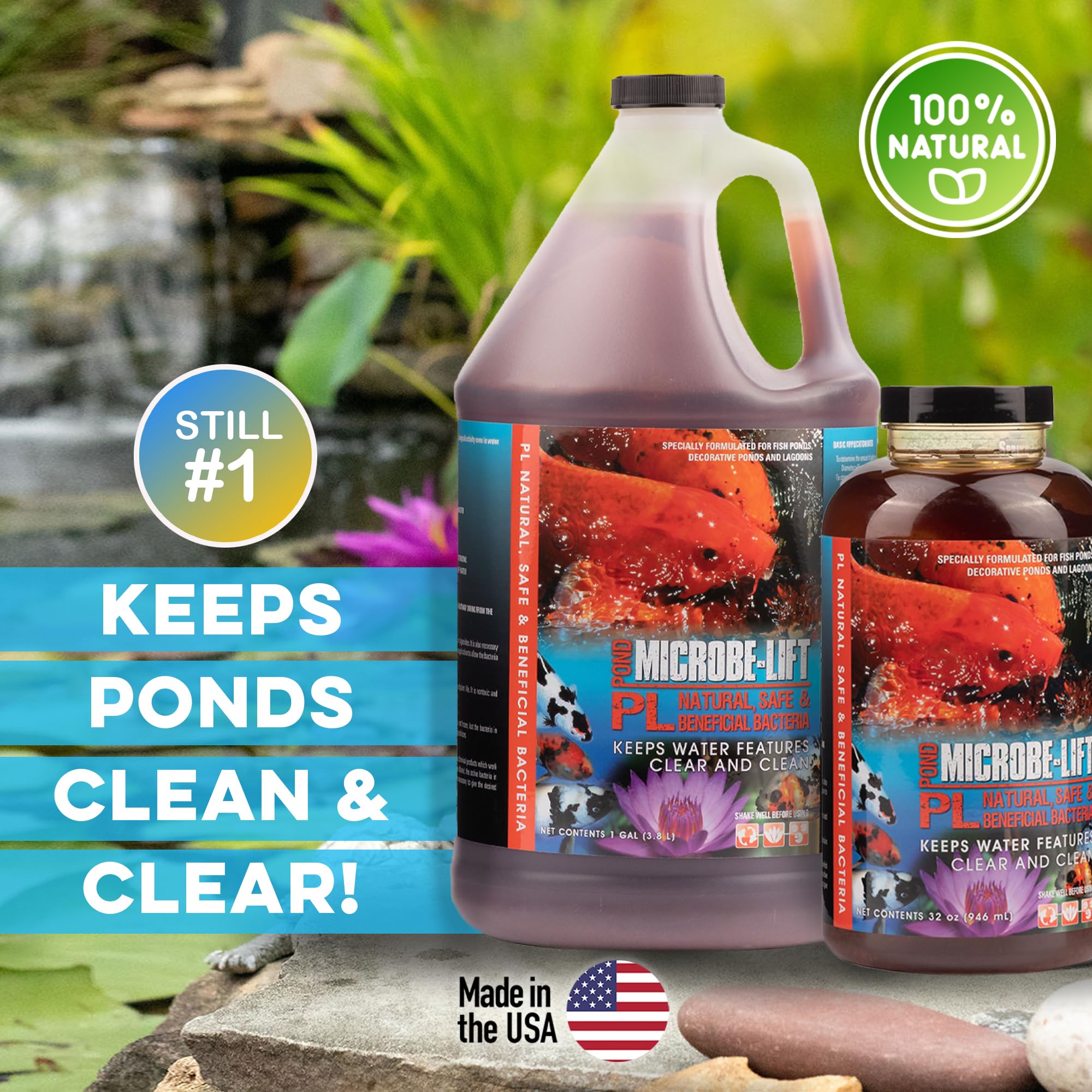 MICROBE-LIFT PL bottle label showing safe formula and usage for ponds.