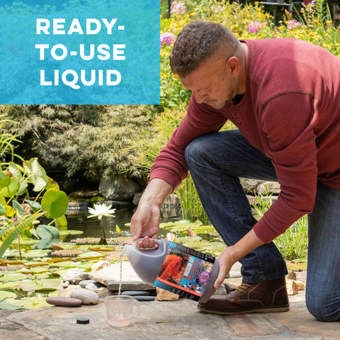 MICROBE-LIFT PL bottle being poured into pond for cleaner water.