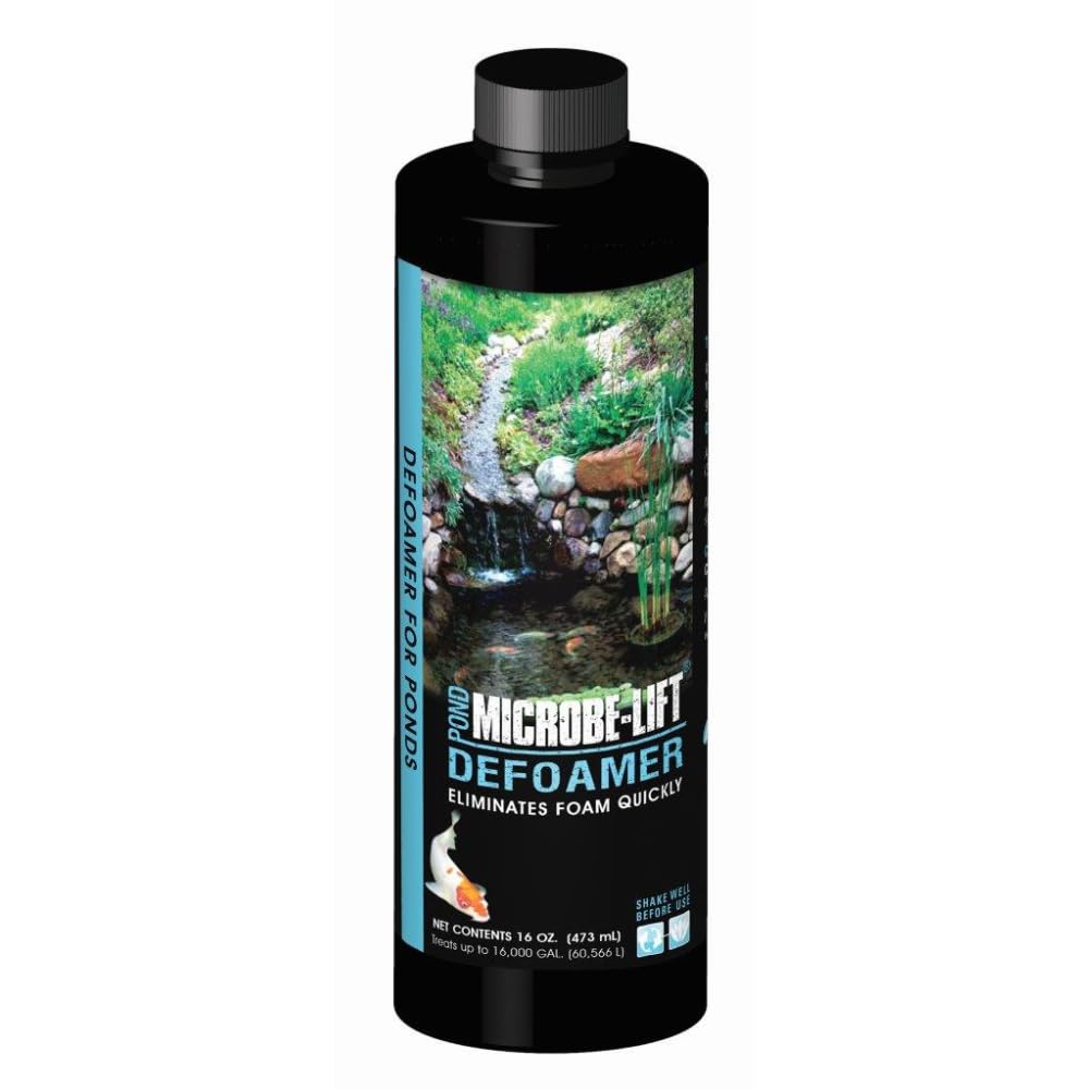 Microbe-Lift Dfoam16 pond defoamer bottle reduces surface foam for clear water.
