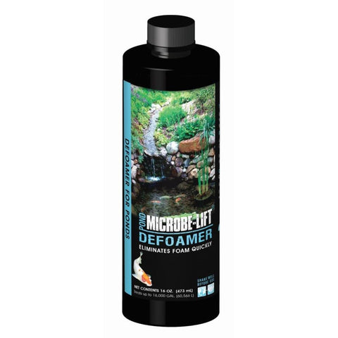 Microbe-Lift Dfoam16 pond defoamer bottle reduces surface foam for clear water.