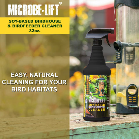 MICROBE-LIFT soy-based bird bath cleaner spray applied to a bath surface.
