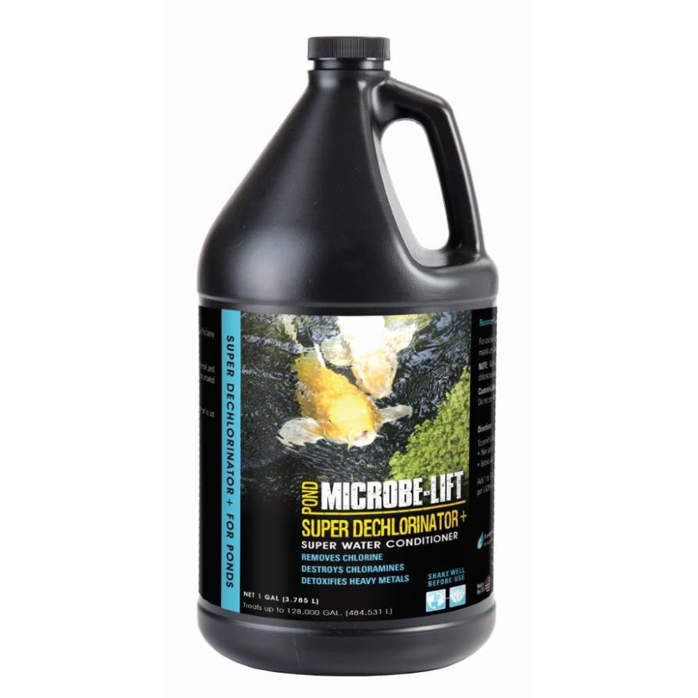 Microbe-Lift Super Dechlorinator Plus poured into pond water for safe dechlorination protecting fish and plants