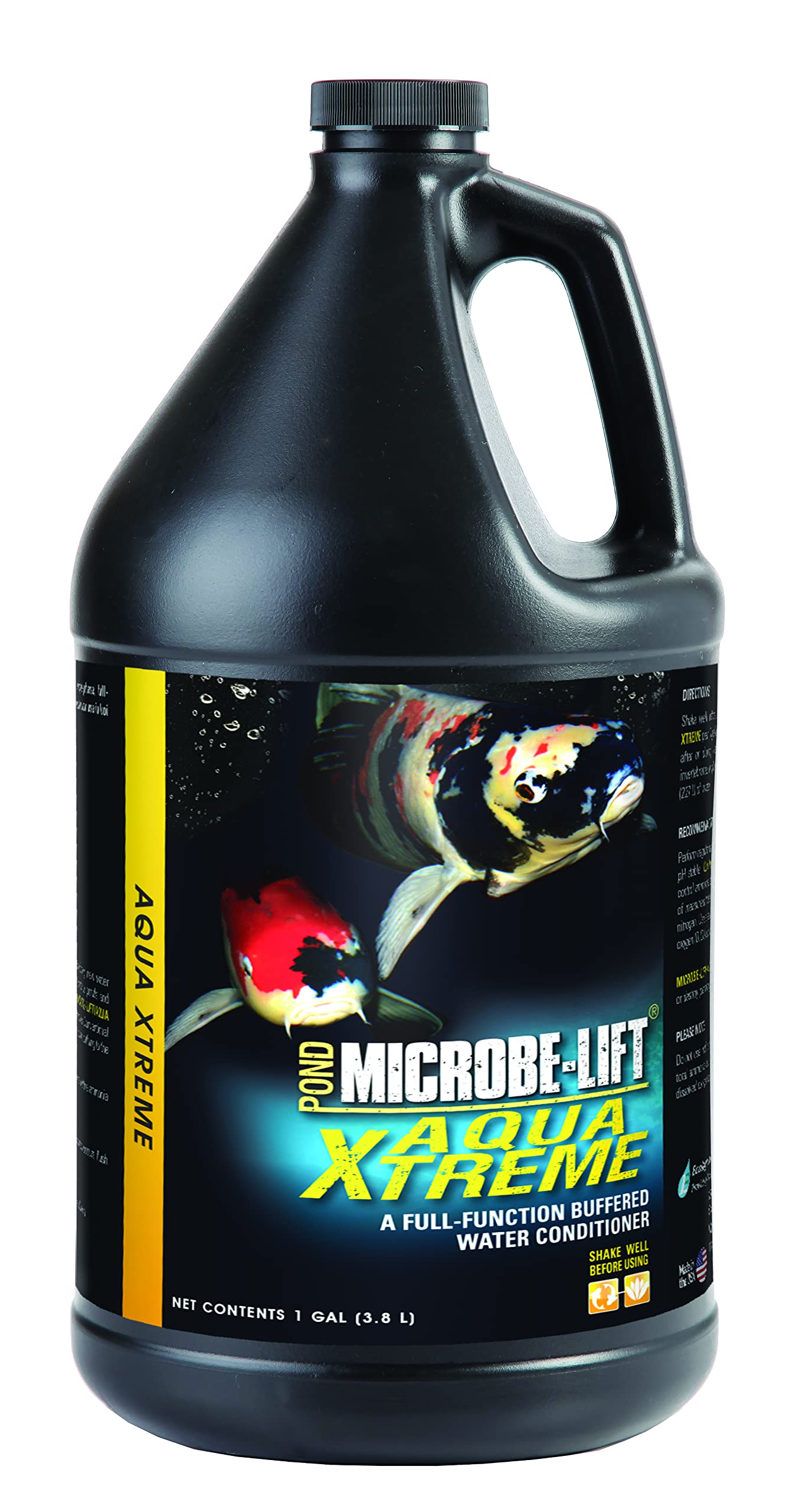 Microbe-Lift XTP bottle being poured for pond water conditioning and stress reduction.