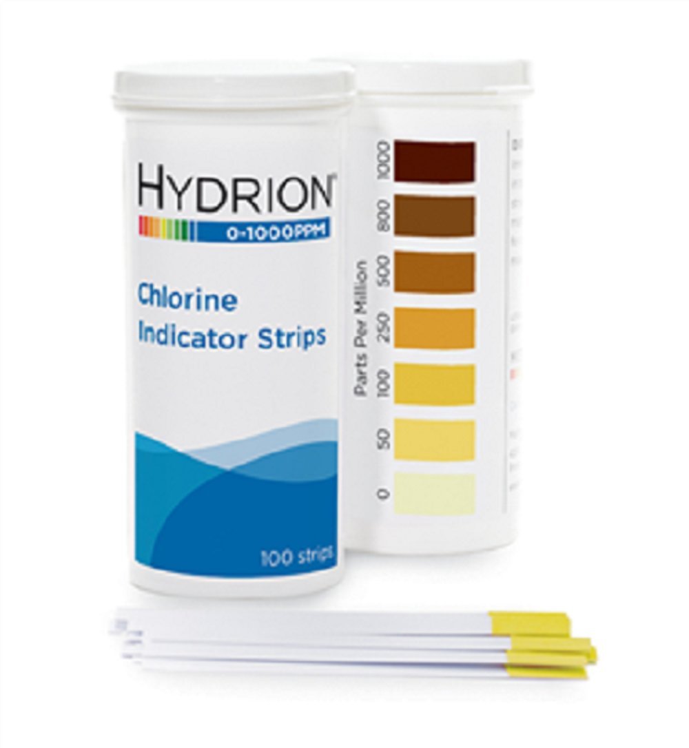 MicroEssential CH-1000 chlorine test strip in vial for 0–1000 ppm testing in sanitizers