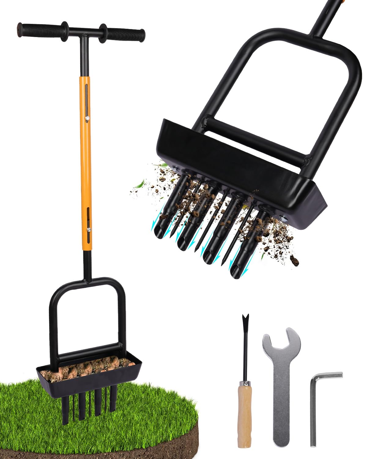 MICZG in-use lawn aerator demonstrates efficient aeration with clean cores.