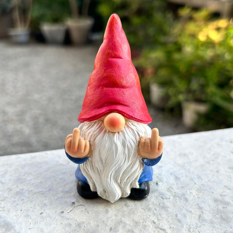 Middle Finger Gnome Mini 3.5in adds cheeky charm to outdoor decor.