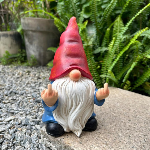 Middle Finger Gnome on porch offers playful, eye-catching decoration for outdoor spaces.