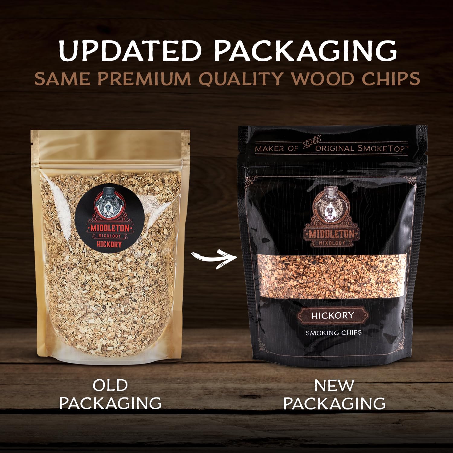 SmokeTop Hickory chips beside the cocktail smoker for aroma enhancement.