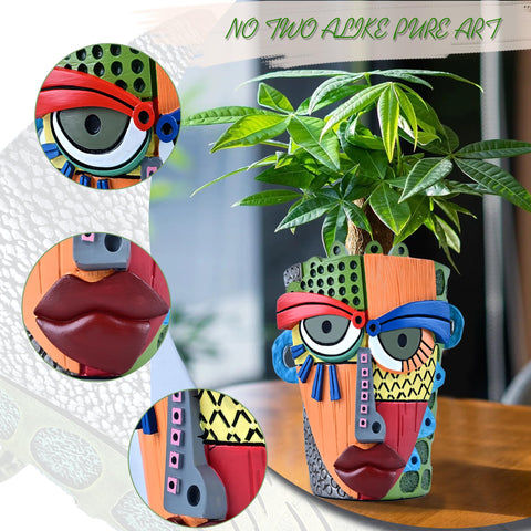 Midogaigai Abstract Face Pot top view highlights bold color palette.